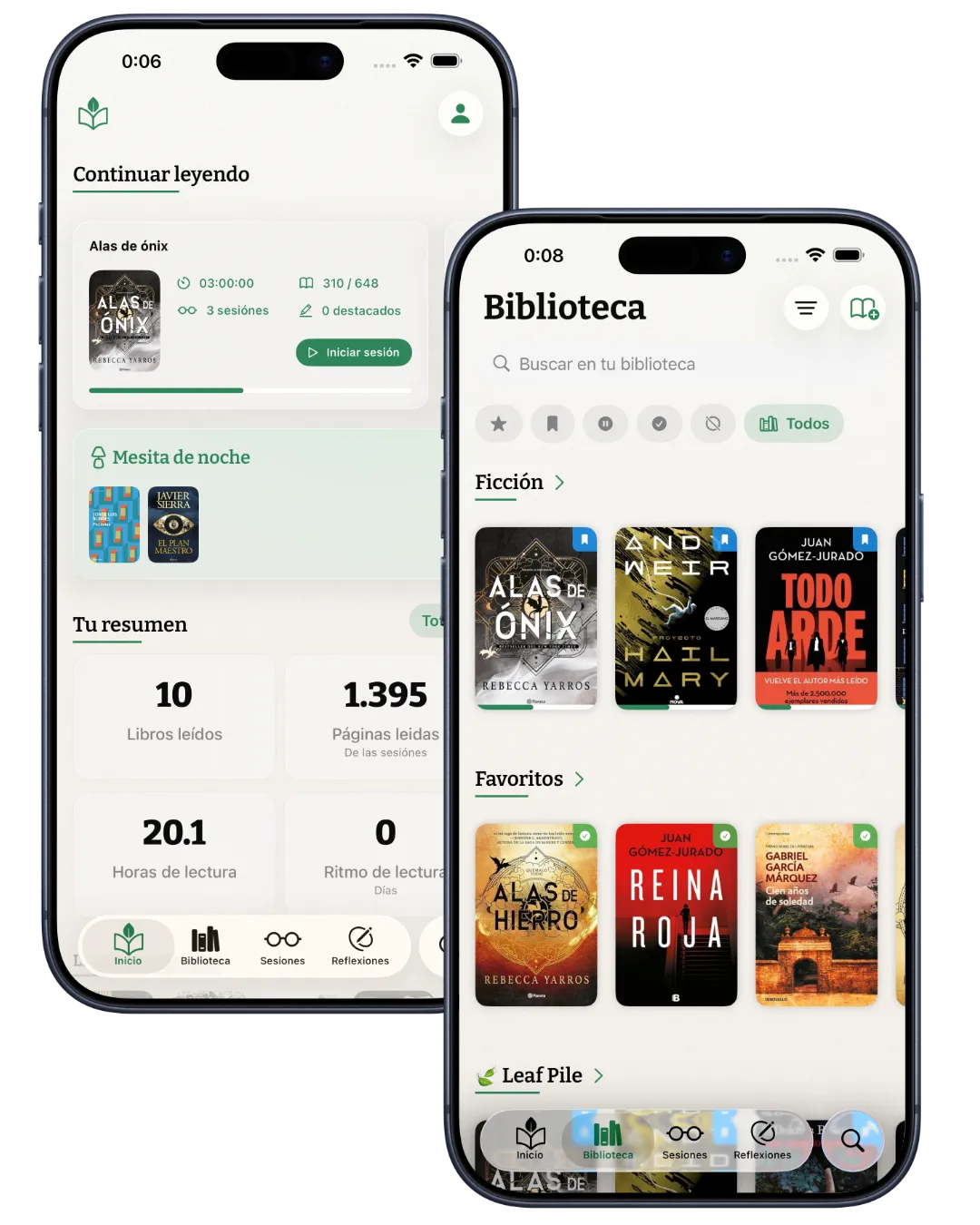 Pantalla principal de Kiveo mostrando la biblioteca personal y los libros en lectura