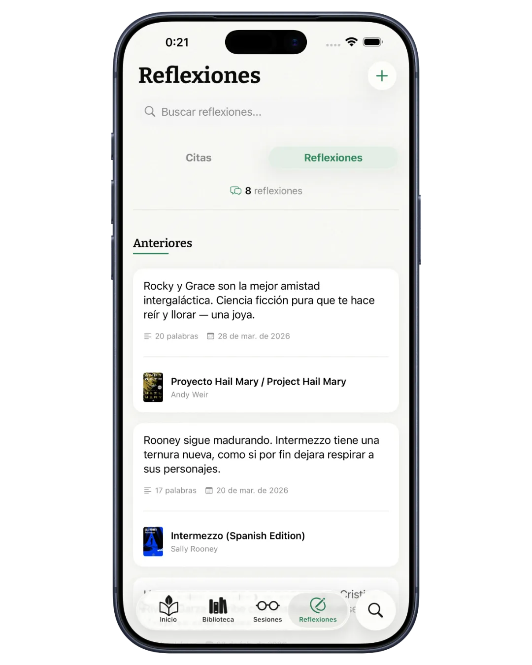 Pantalla de reflexiones en Kiveo donde escribes notas personales sobre tus lecturas
